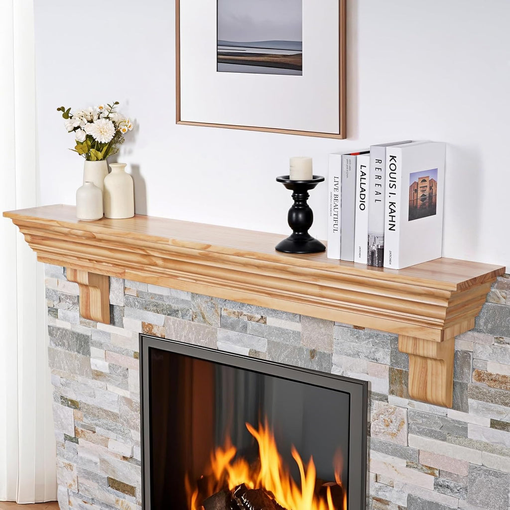 Wood Fireplace Mantel with Corbels - 54 Inch Rustic Floating Mantel Shelf for Living Room, Wall-Mounted Solid Fireplace Mantle with Angled Ends Decor for Bedroom, TV, Books, Natural
