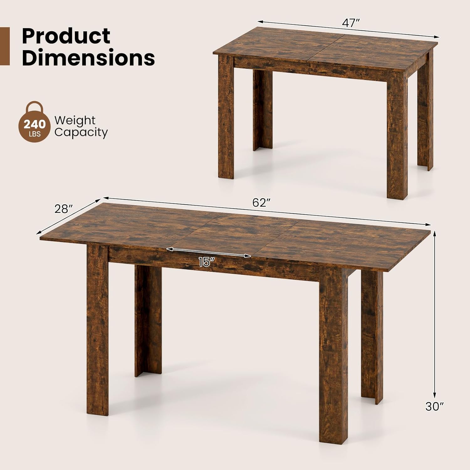 Giantex 47"-62" Extendable Dining Room Table for 4-8, Farmhouse Dining Table with L-Shaped Legs, Large Wood Grain Tabletop, Space-Saving Dinner Tables for Dinette, Kitchen (Rustic Brown)
