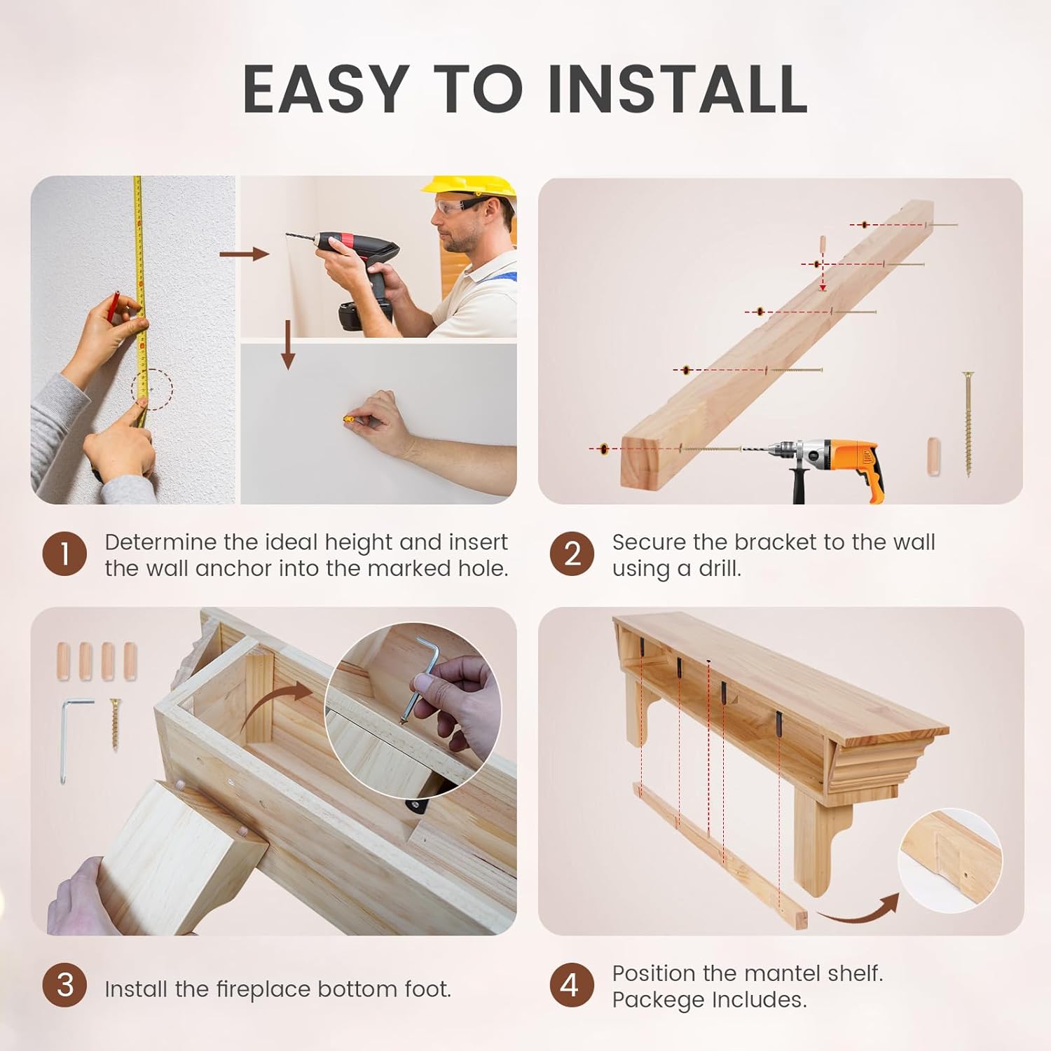 Wood Fireplace Mantel with Corbels - 54 Inch Rustic Floating Mantel Shelf for Living Room, Wall-Mounted Solid Fireplace Mantle with Angled Ends Decor for Bedroom, TV, Books, Natural