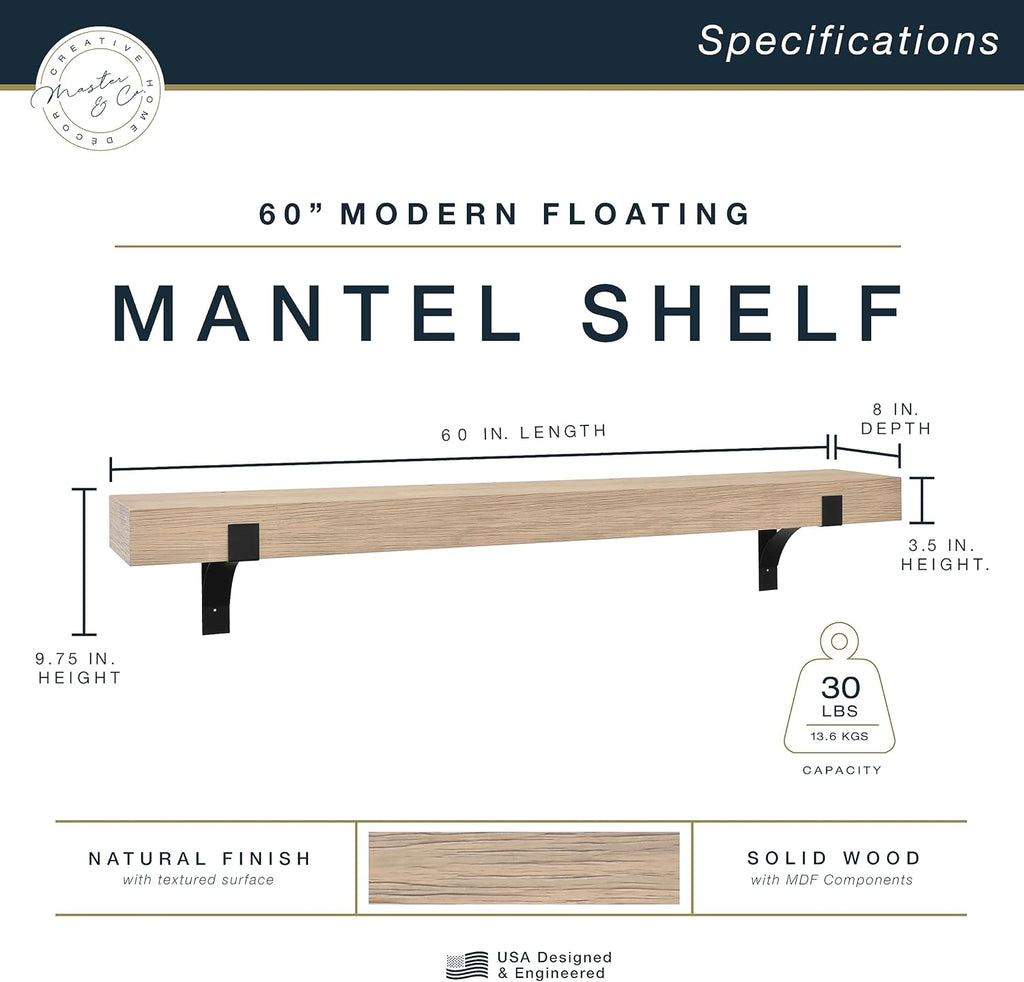 MCS Master & Co. Modern Floating Fireplace Mantel with Black Metal Brackets, Long Floating Shelves for Wall Décor, 60 inches, Natural Woodgrain