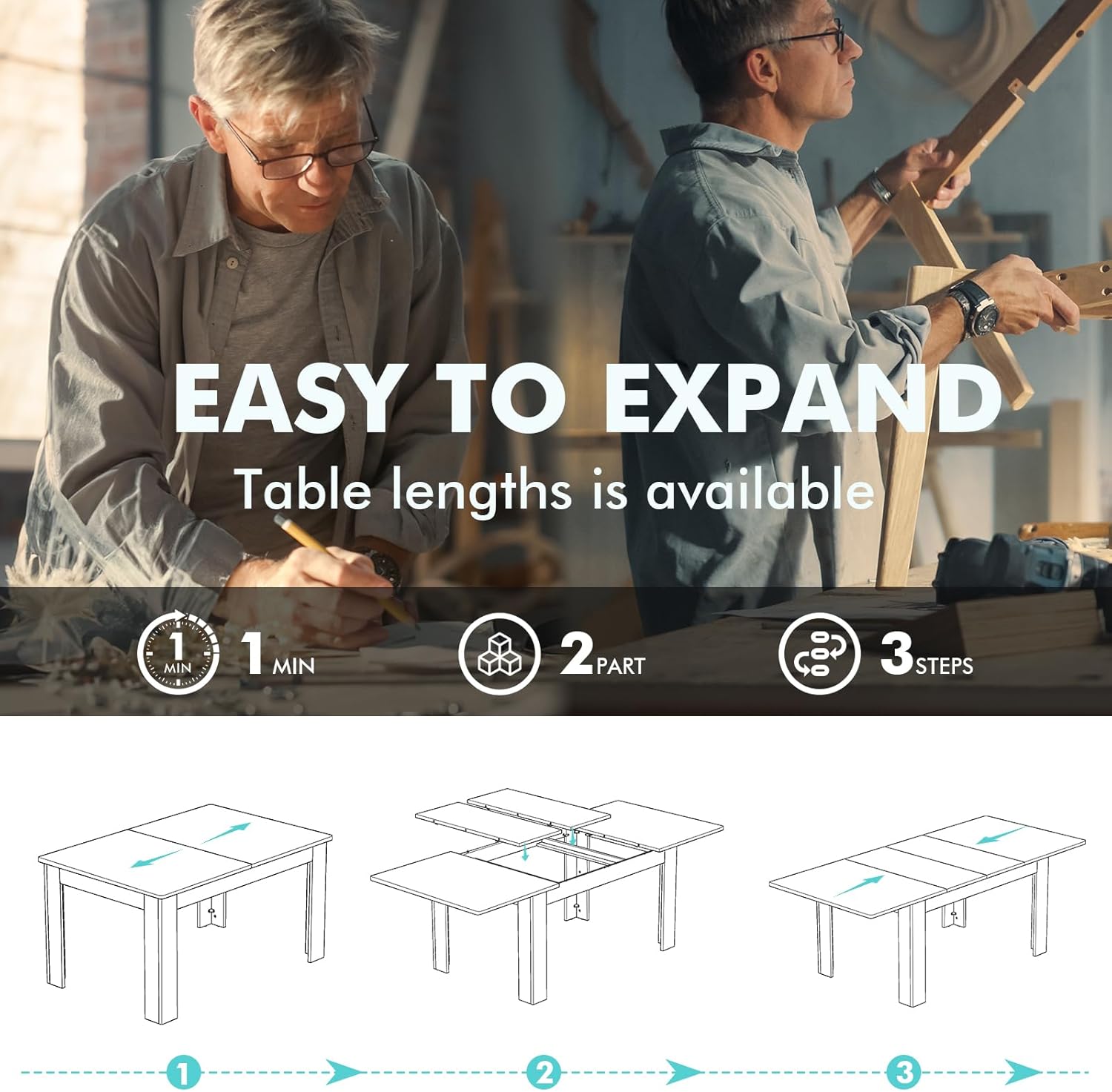 55.1-86.6 in Extendable Dining Room Table for 6-10 Person - Plank and Beam Farmhouse Large Rectangular Kitchen Tables for Living Meeting Room (Onyx Black)
