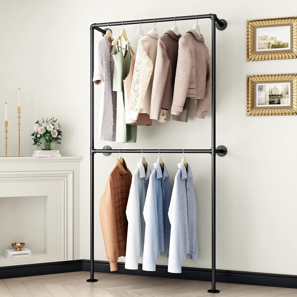 Industrial Pipe Clothes Racks with Black Shelves, Industrial Pipe Black Clothing Rack with Double Hanging Rods, Heavy Duty Wall Mounted Clothing Rack Rod for Closet Storage, Bedroom