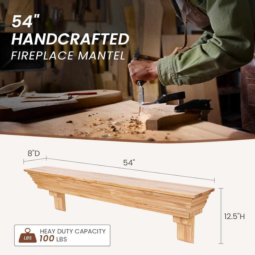 Wood Fireplace Mantel with Corbels - 54 Inch Rustic Floating Mantel Shelf for Living Room, Wall-Mounted Solid Fireplace Mantle with Angled Ends Decor for Bedroom, TV, Books, Natural