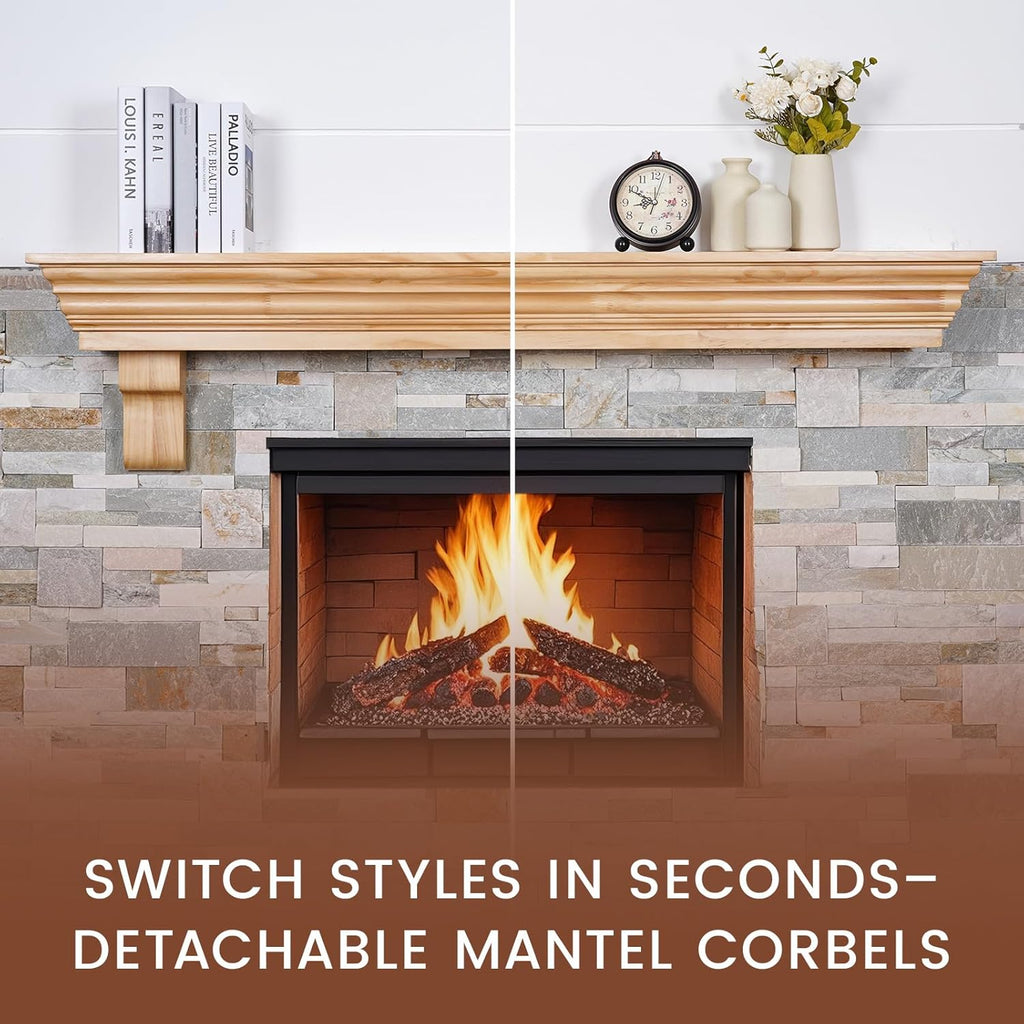 Wood Fireplace Mantel with Corbels - 54 Inch Rustic Floating Mantel Shelf for Living Room, Wall-Mounted Solid Fireplace Mantle with Angled Ends Decor for Bedroom, TV, Books, Natural