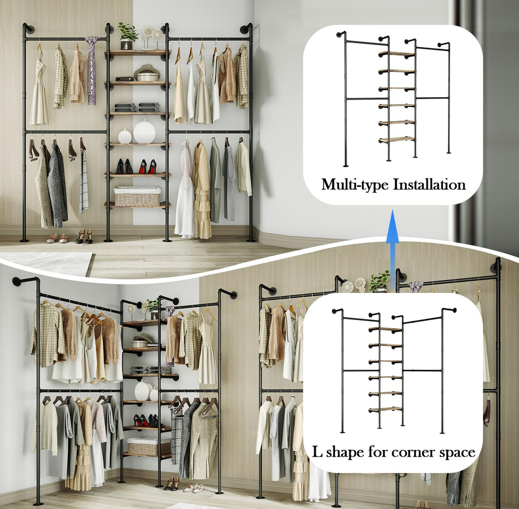 Industrial Pipe Clothes Rack, DÉCOR Wall Mounted Clothing Rack, for Walk-in Wardrobe Multi-Purpose Storage Clothes Hanging Shelf, 2 Installation Methods