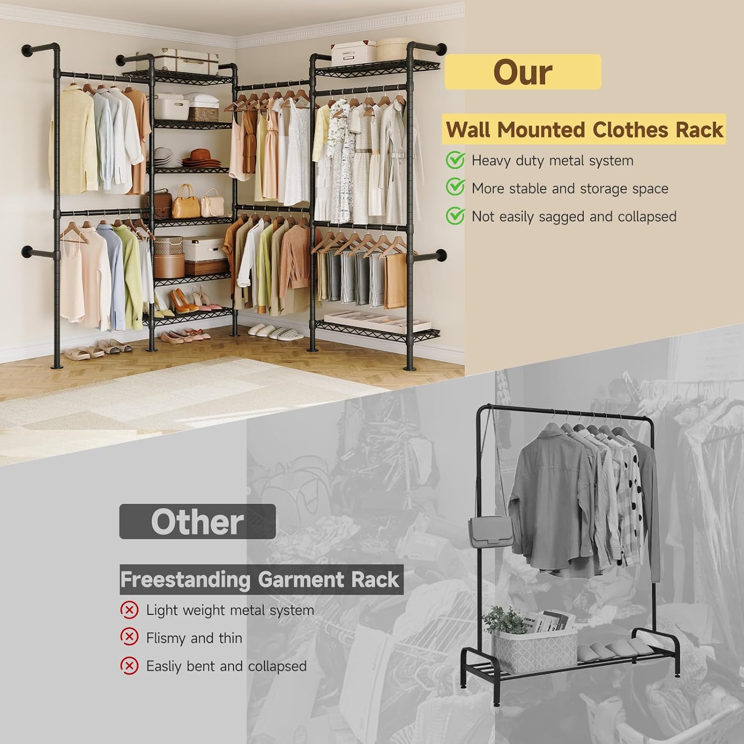 ONBRILL L4 Wall Mounted Industrial Pipe Clothing Rack, Closet Organizer System with 6 Hanging Clothes Rods ( 4 Expandable Rods) & 8 Shelves, Heavy Duty Corner Garment Rack, Large Wardrobe - Black