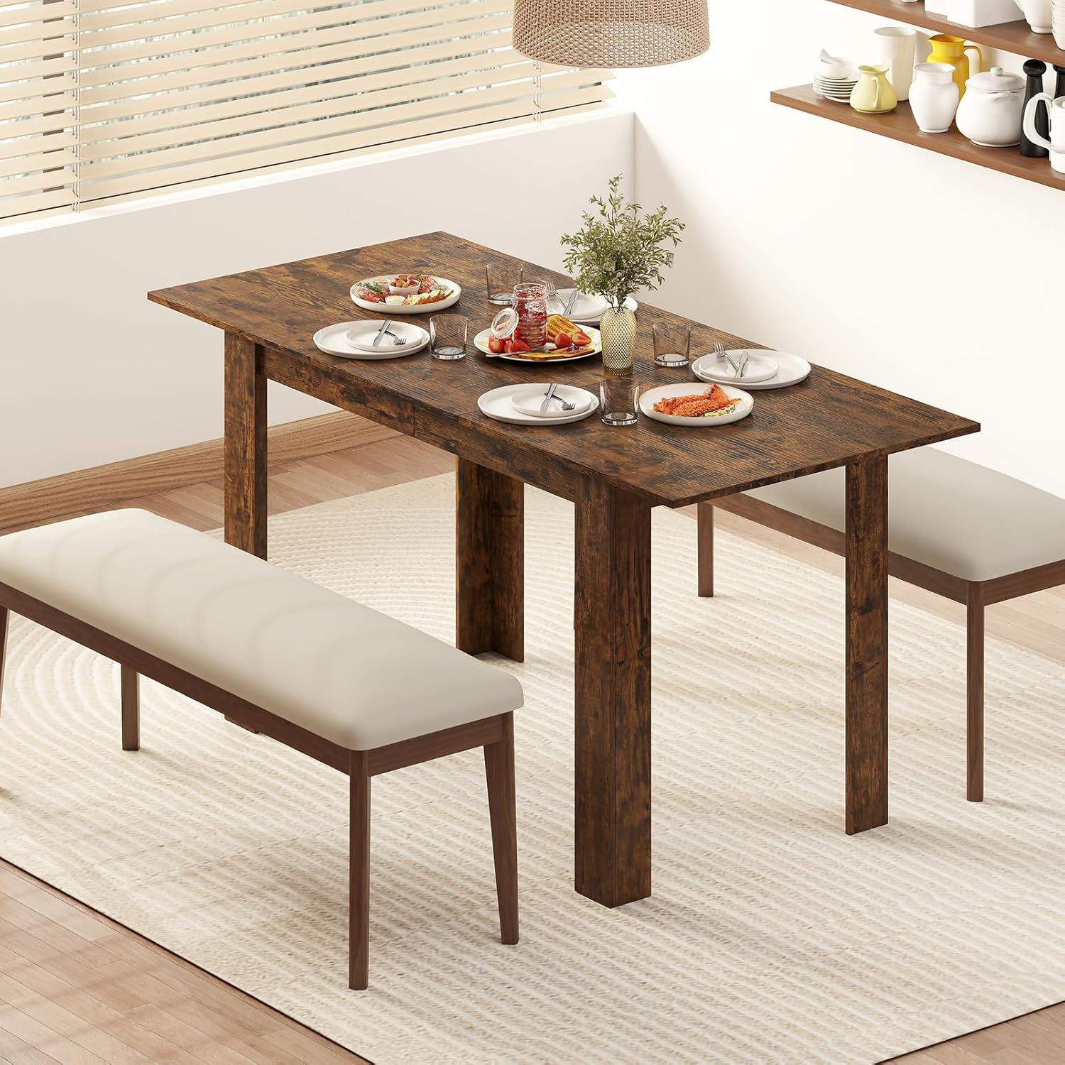 Giantex 47"-62" Extendable Dining Room Table for 4-8, Farmhouse Dining Table with L-Shaped Legs, Large Wood Grain Tabletop, Space-Saving Dinner Tables for Dinette, Kitchen (Rustic Brown)