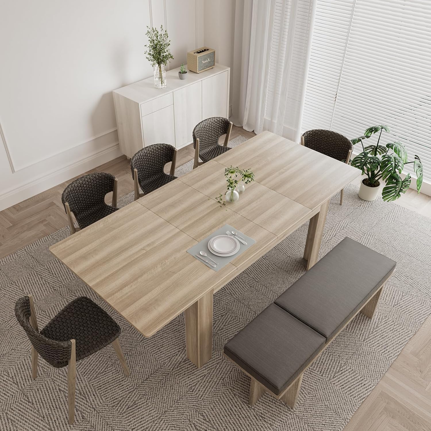 55.1-86.6 in Extendable Dining Room Table for 6-10 Person - Plank and Beam Farmhouse Large Rectangular Kitchen Tables for Living Meeting Room (Onyx Black)