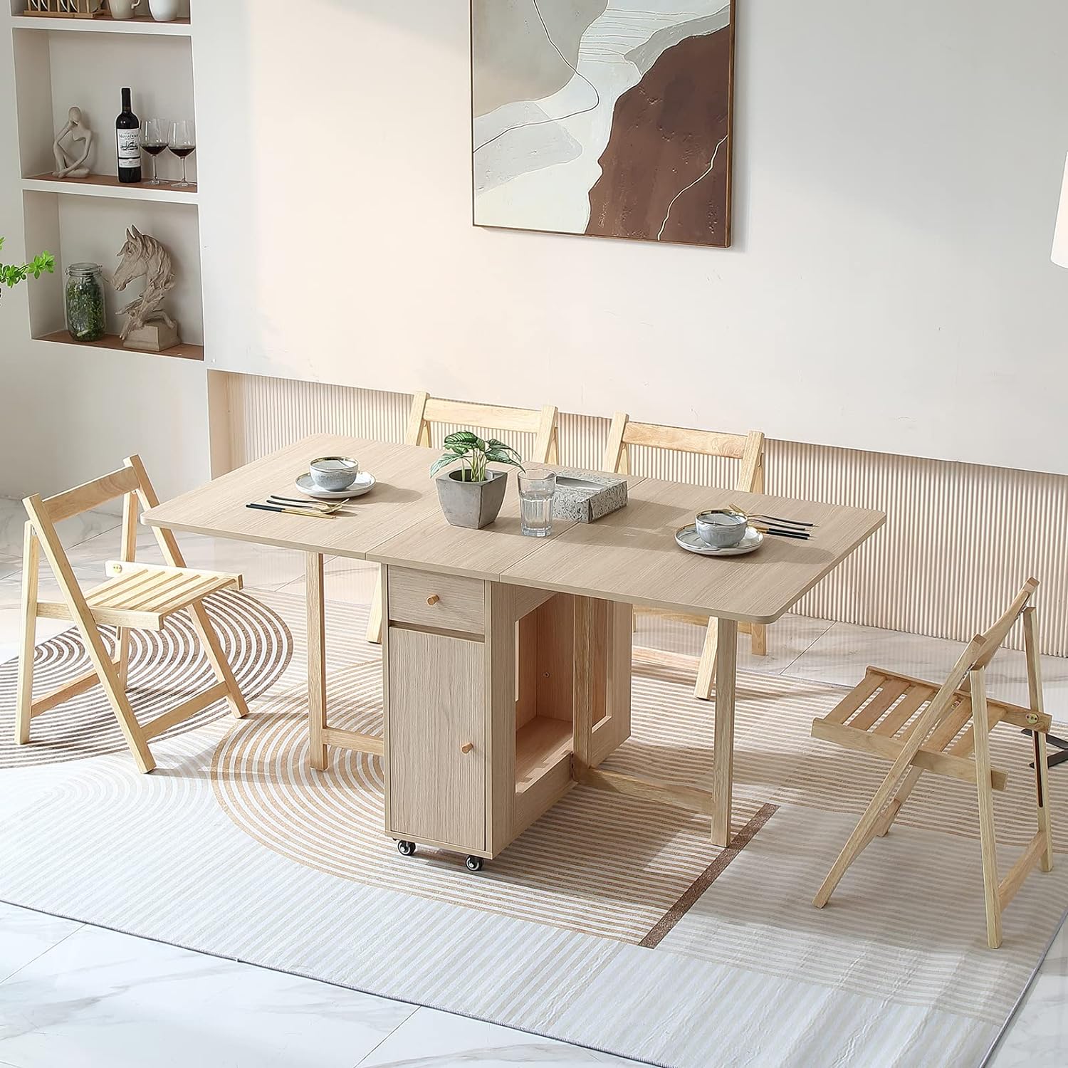 Extendable Drop Leaf Folding Dining Table with 2 Drawers and 4 Wheels for Living Room Kitchen Farmhouse Space Saving Table in Wood Color