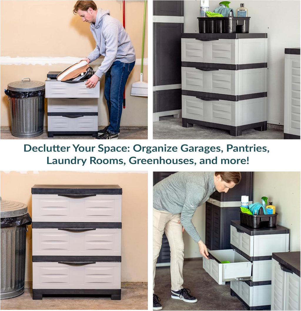 Sunnydaze 3-Tier Storage Cabinet with Drawers - Indoor or Garage Plastic Storage Drawers Organizer - 29.5" H - Garage, Office, Home, Laundry Room - Gray w/Charcoal Trim