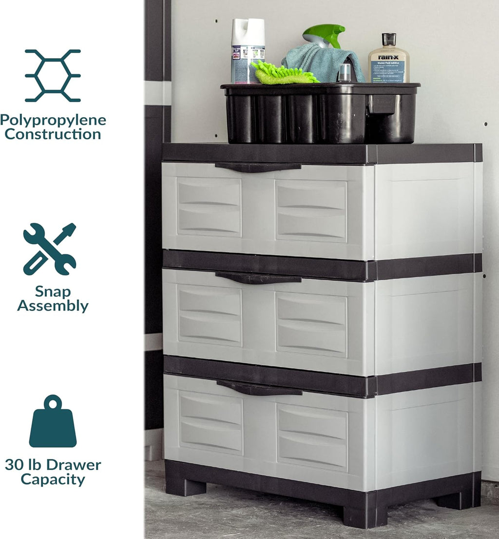 Sunnydaze 3-Tier Storage Cabinet with Drawers - Indoor or Garage Plastic Storage Drawers Organizer - 29.5" H - Garage, Office, Home, Laundry Room - Gray w/Charcoal Trim