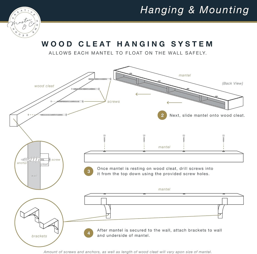 MCS Master & Co. Modern Floating Fireplace Mantel with Black Metal Brackets, Long Floating Shelves for Wall Décor, 60 inches, Natural Woodgrain