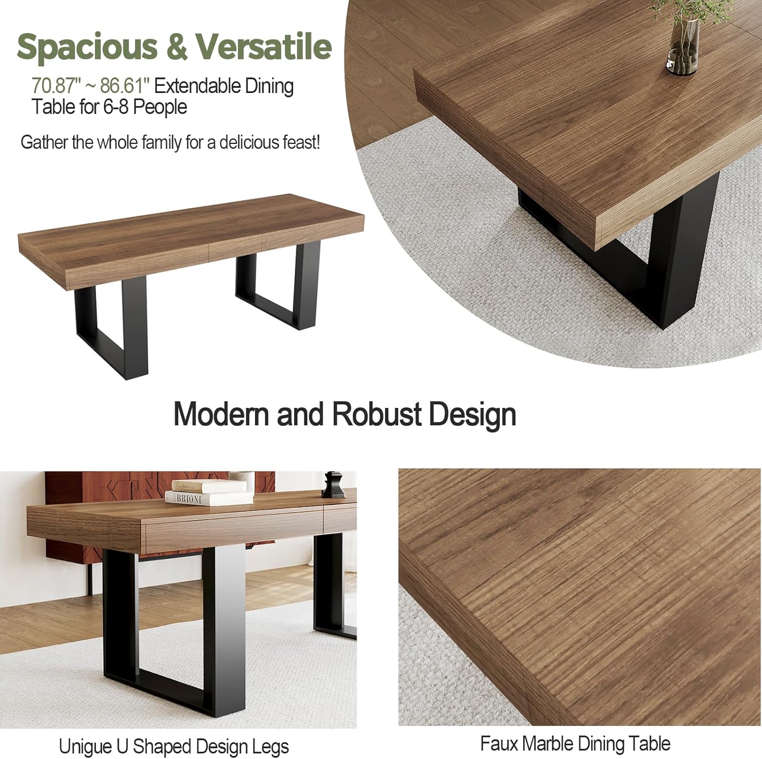 STHOUYN Farmhouse Rustic Extendable Dining Room Table for 8 10, 70.9" (86.6") x 31.5", Rectangular Dinner Table for 6-10, Mid Century Modern Expandable Retractable Wooden Kitchen Table (Brown)