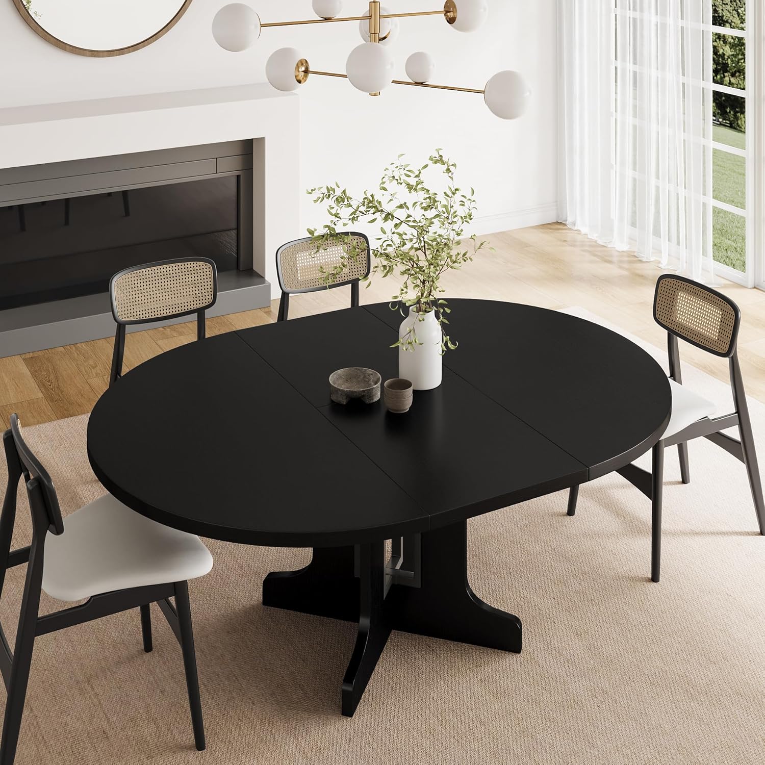 Feonase 59" Round Extendable Dining Room Table for 4-6, Modern Oval Kitchen Table with Heavy Duty Wood Base, Metal Frame Support, for Kitchen Dining Living Room, Easy Assembly, Walnut