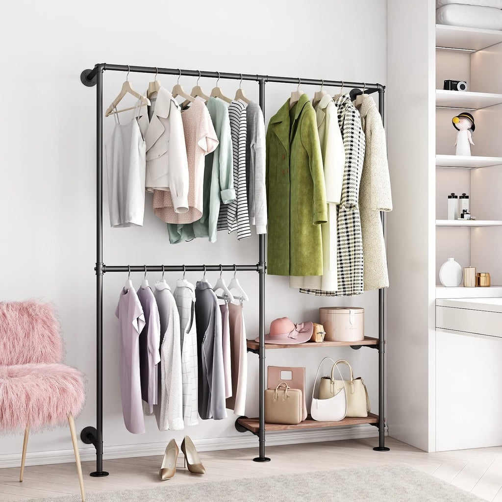 Industrial Pipe Clothes Racks with Black Shelves, Industrial Pipe Black Clothing Rack with Double Hanging Rods, Heavy Duty Wall Mounted Clothing Rack Rod for Closet Storage, Bedroom