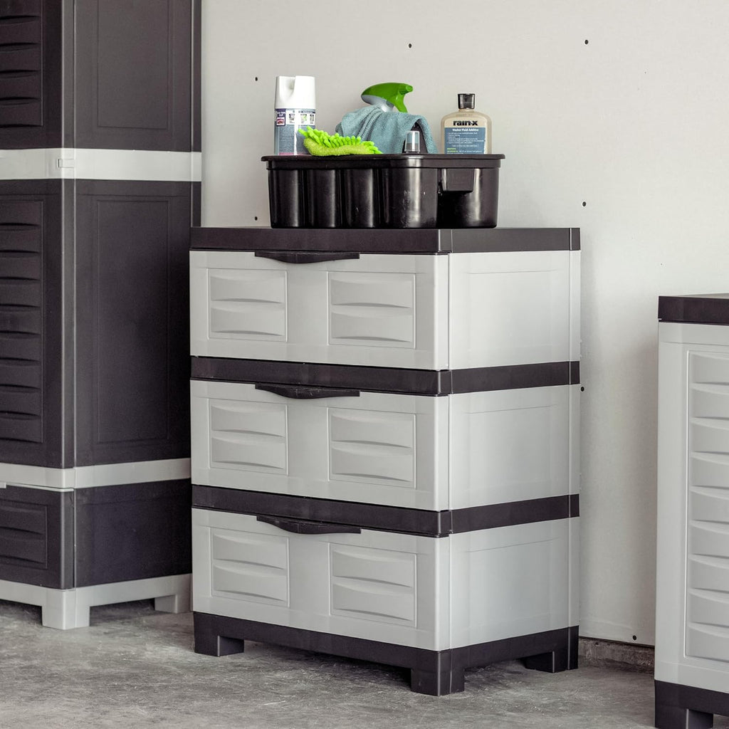 Sunnydaze 3-Tier Storage Cabinet with Drawers - Indoor or Garage Plastic Storage Drawers Organizer - 29.5" H - Garage, Office, Home, Laundry Room - Gray w/Charcoal Trim