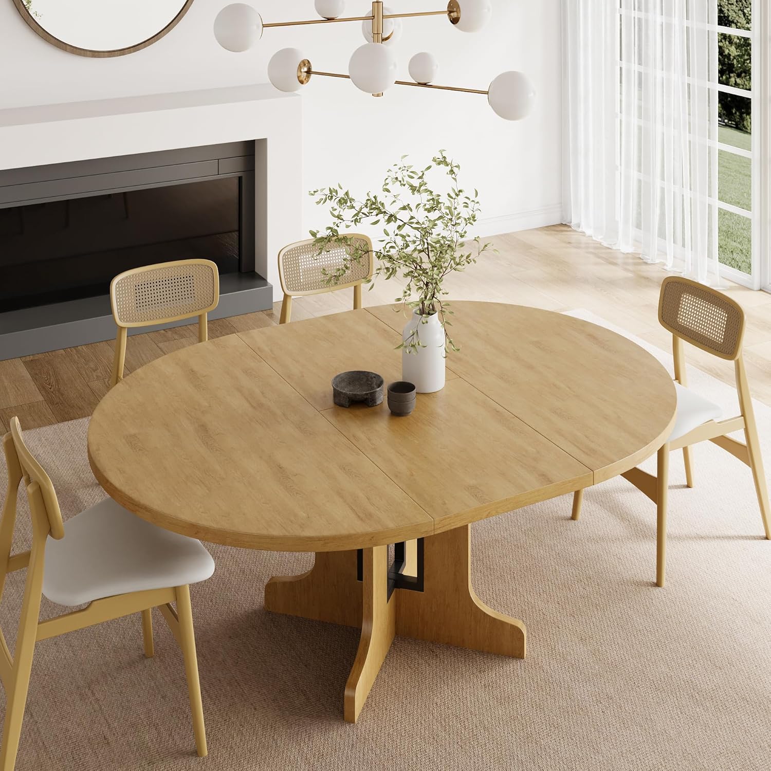 Feonase 59" Round Extendable Dining Room Table for 4-6, Modern Oval Kitchen Table with Heavy Duty Wood Base, Metal Frame Support, for Kitchen Dining Living Room, Easy Assembly, Walnut