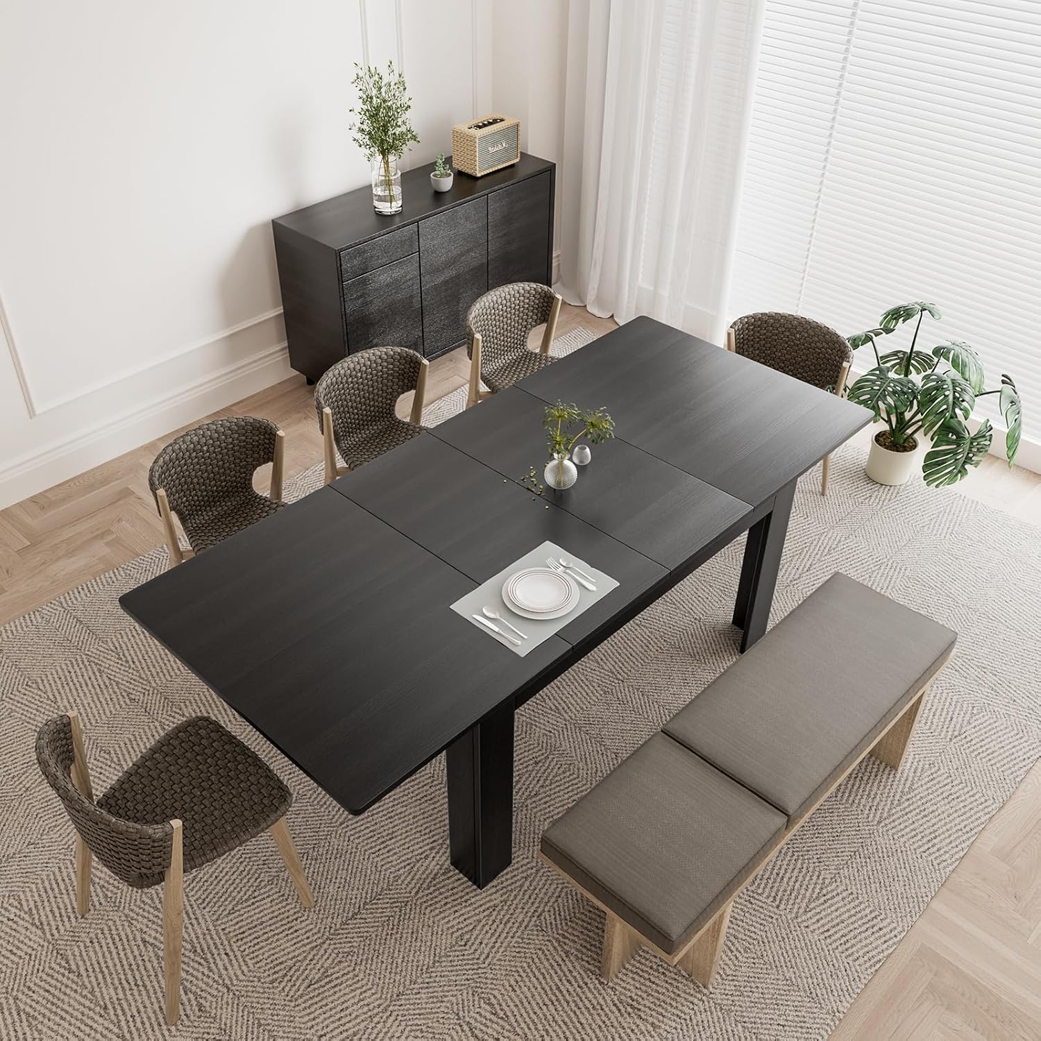 55.1-86.6 in Extendable Dining Room Table for 6-10 Person - Plank and Beam Farmhouse Large Rectangular Kitchen Tables for Living Meeting Room (Onyx Black)