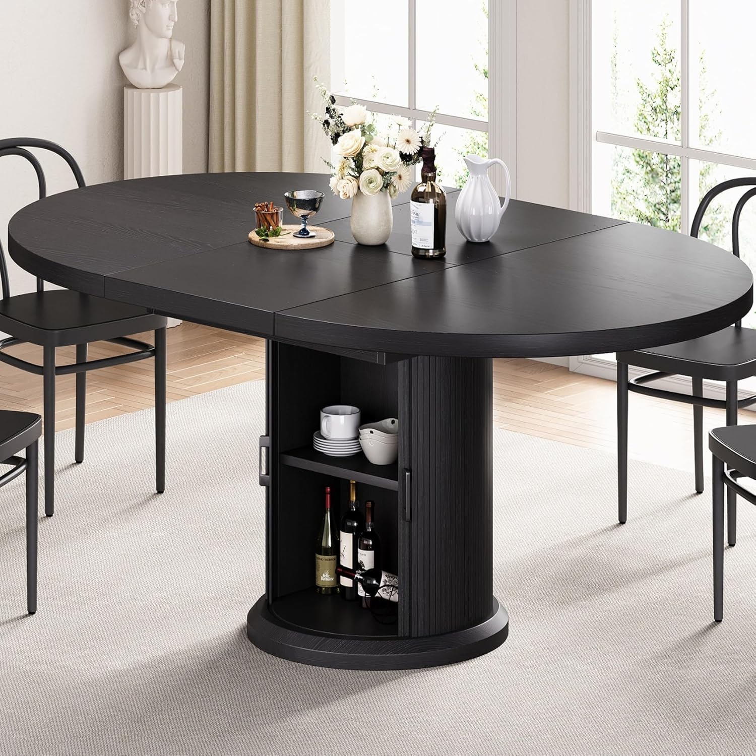 Dining Table for 4-6,63“Extendable Round Kitchen Dining Room Table with 2-Tier Storage Shelf, Space Saving Expandable Wood Oval Circle Dinner Furniture with Pedestal Base (Natural)