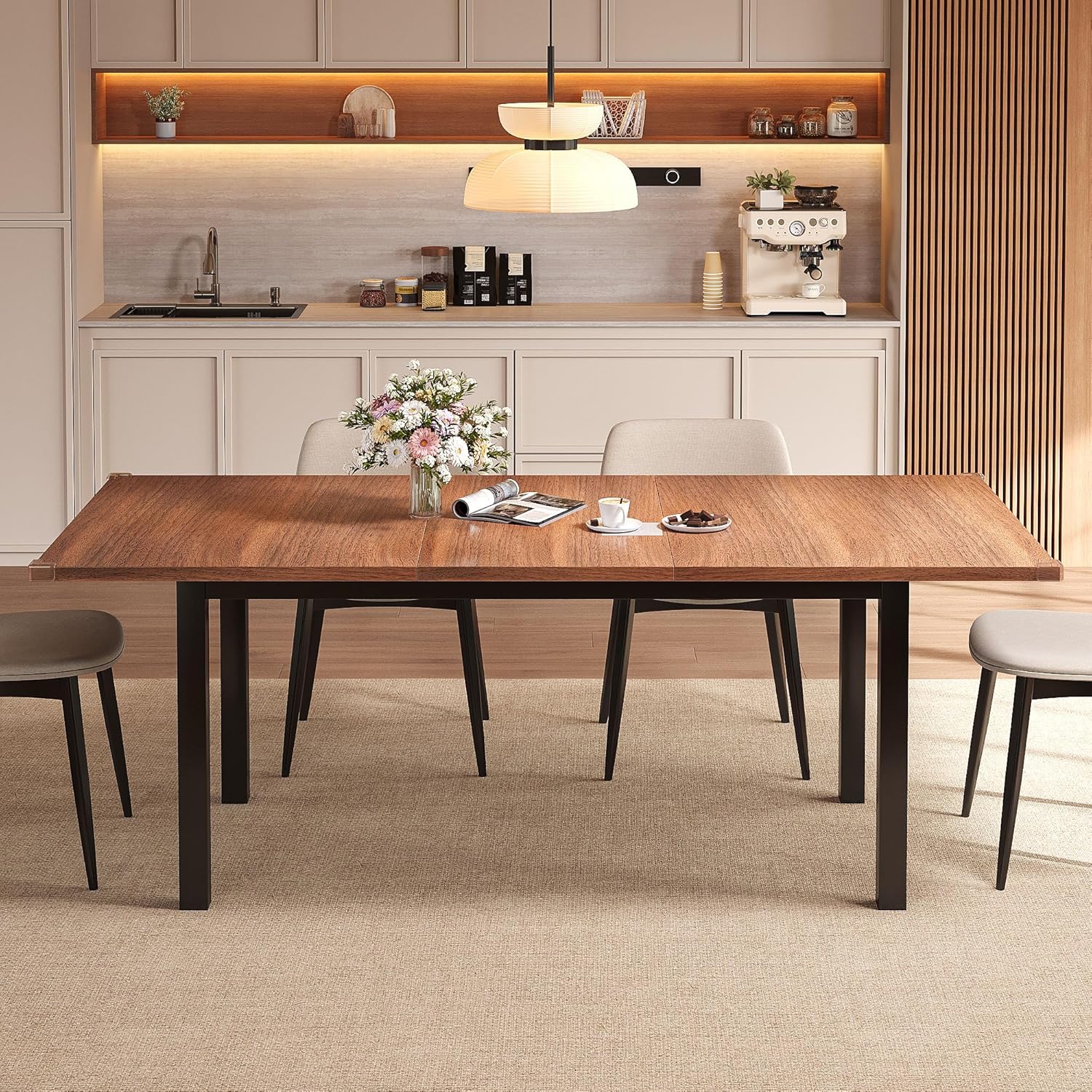 Extendable Dining Table for 4-6, 63" Modern Kitchen Table, Farmhouse Dining Room Tables for Dining, Kitchen, Office, Living Room, Rectangular Wooden Tables, Space Saving (Walnut)