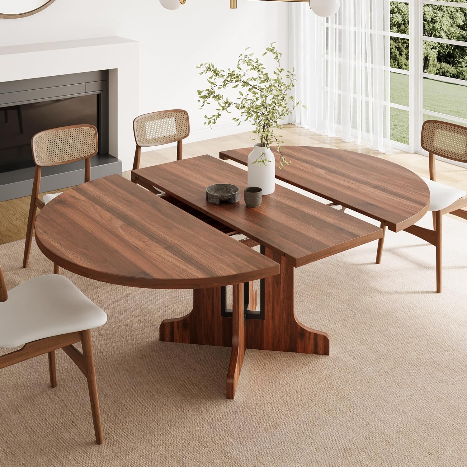 Feonase 59" Round Extendable Dining Room Table for 4-6, Modern Oval Kitchen Table with Heavy Duty Wood Base, Metal Frame Support, for Kitchen Dining Living Room, Easy Assembly, Walnut