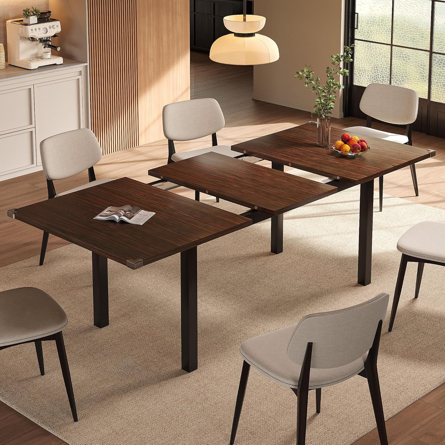 Extendable Dining Table for 4-6, 63" Modern Kitchen Table, Farmhouse Dining Room Tables for Dining, Kitchen, Office, Living Room, Rectangular Wooden Tables, Space Saving (Walnut)