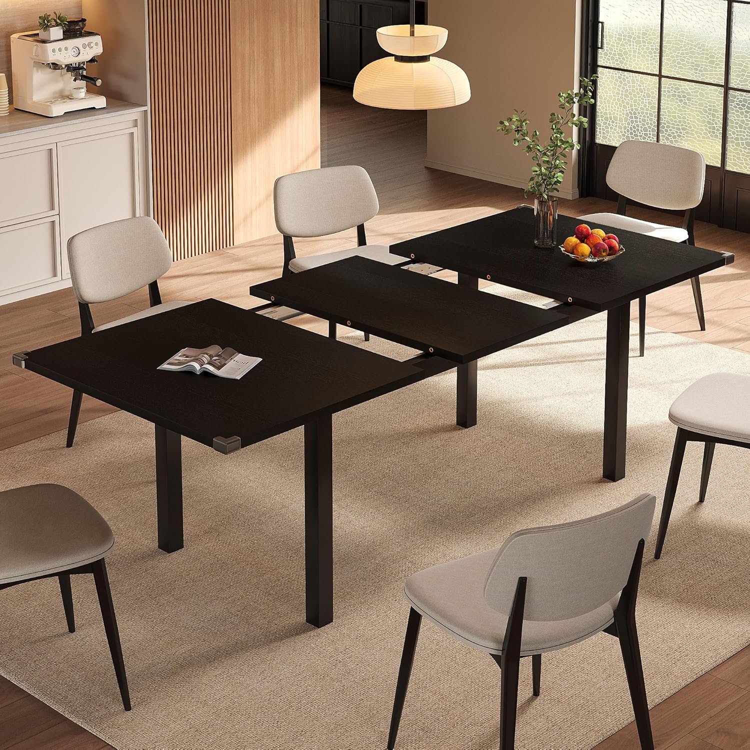 Extendable Dining Table for 4-6, 63" Modern Kitchen Table, Farmhouse Dining Room Tables for Dining, Kitchen, Office, Living Room, Rectangular Wooden Tables, Space Saving (Walnut)