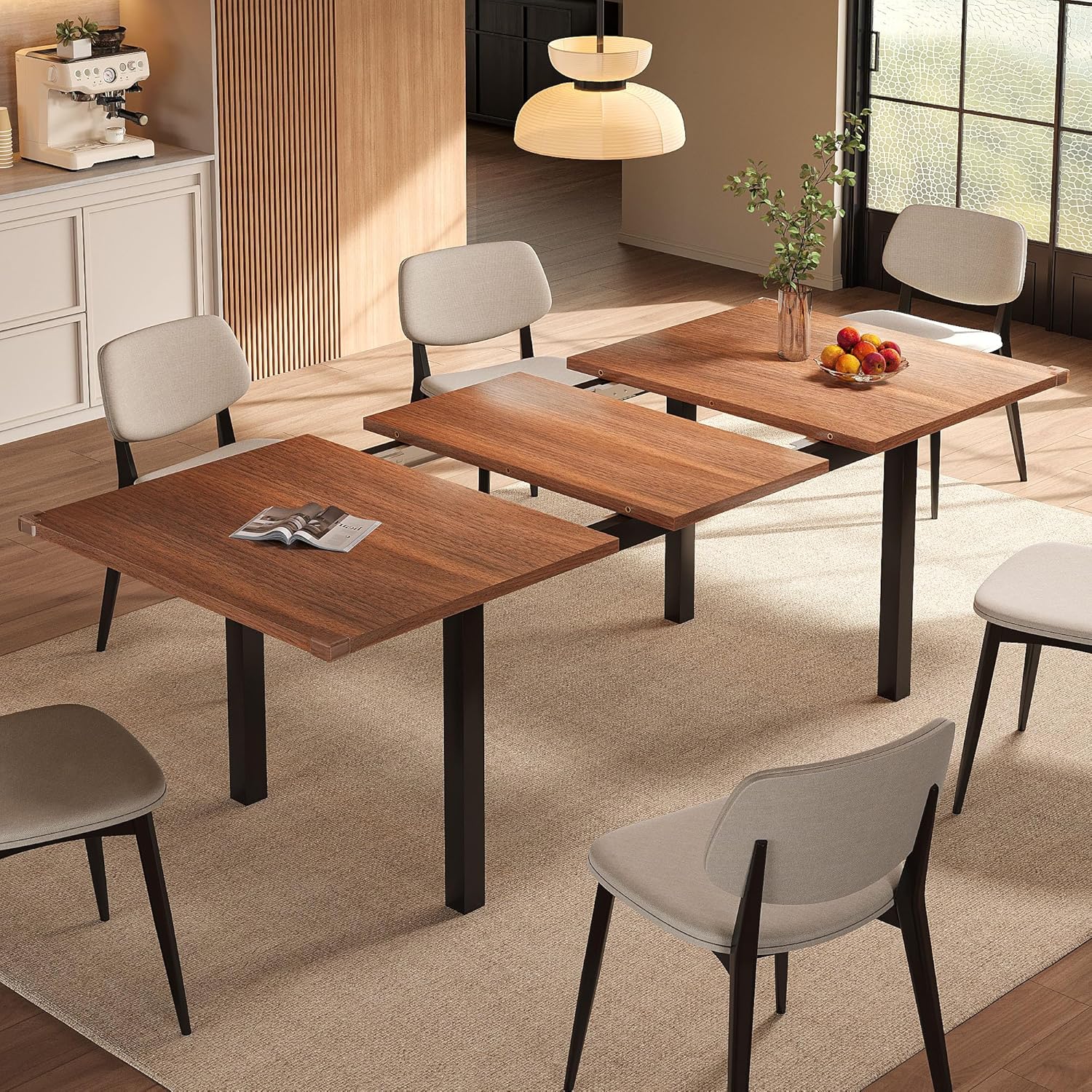 Extendable Dining Table for 4-6, 63" Modern Kitchen Table, Farmhouse Dining Room Tables for Dining, Kitchen, Office, Living Room, Rectangular Wooden Tables, Space Saving (Walnut)