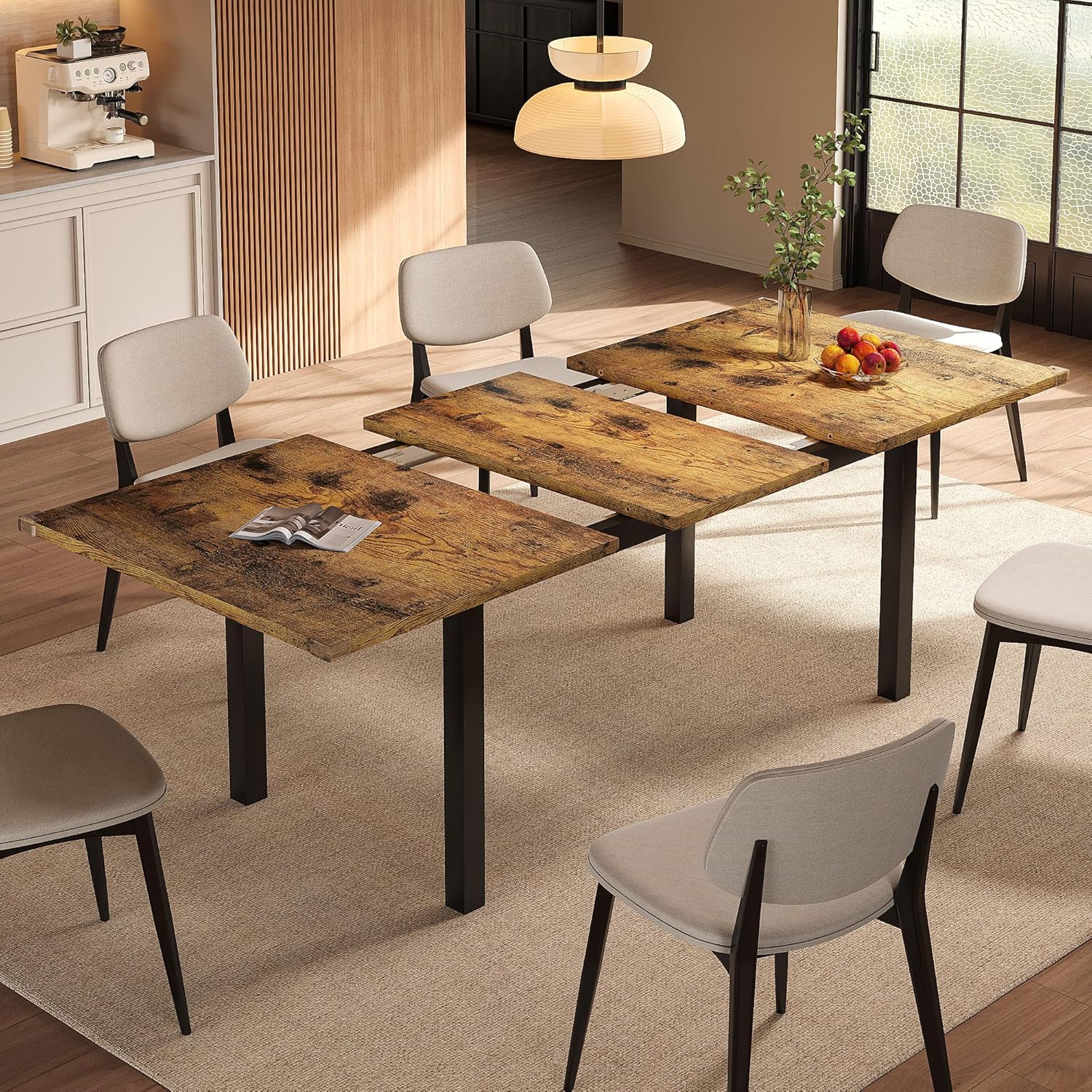 Extendable Dining Table for 4-6, 63" Modern Kitchen Table, Farmhouse Dining Room Tables for Dining, Kitchen, Office, Living Room, Rectangular Wooden Tables, Space Saving (Walnut)